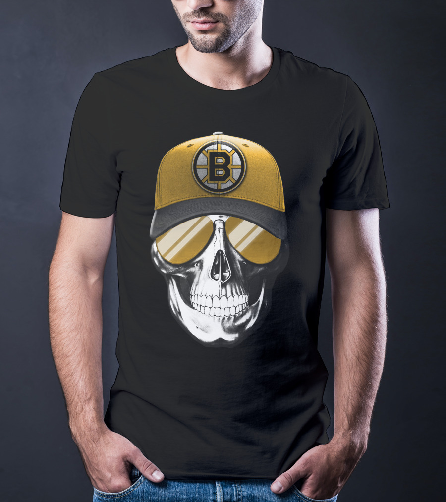 Skull In Yellow Boston Bruins Cap And Sunglasses T-Shirt