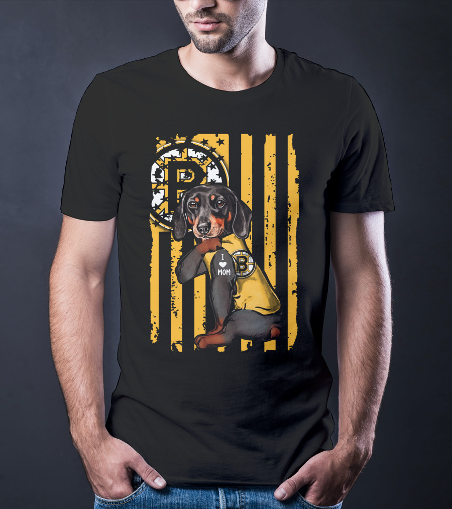 Dachshund I Love Mom Boston Bruins Stripes T-Shirt