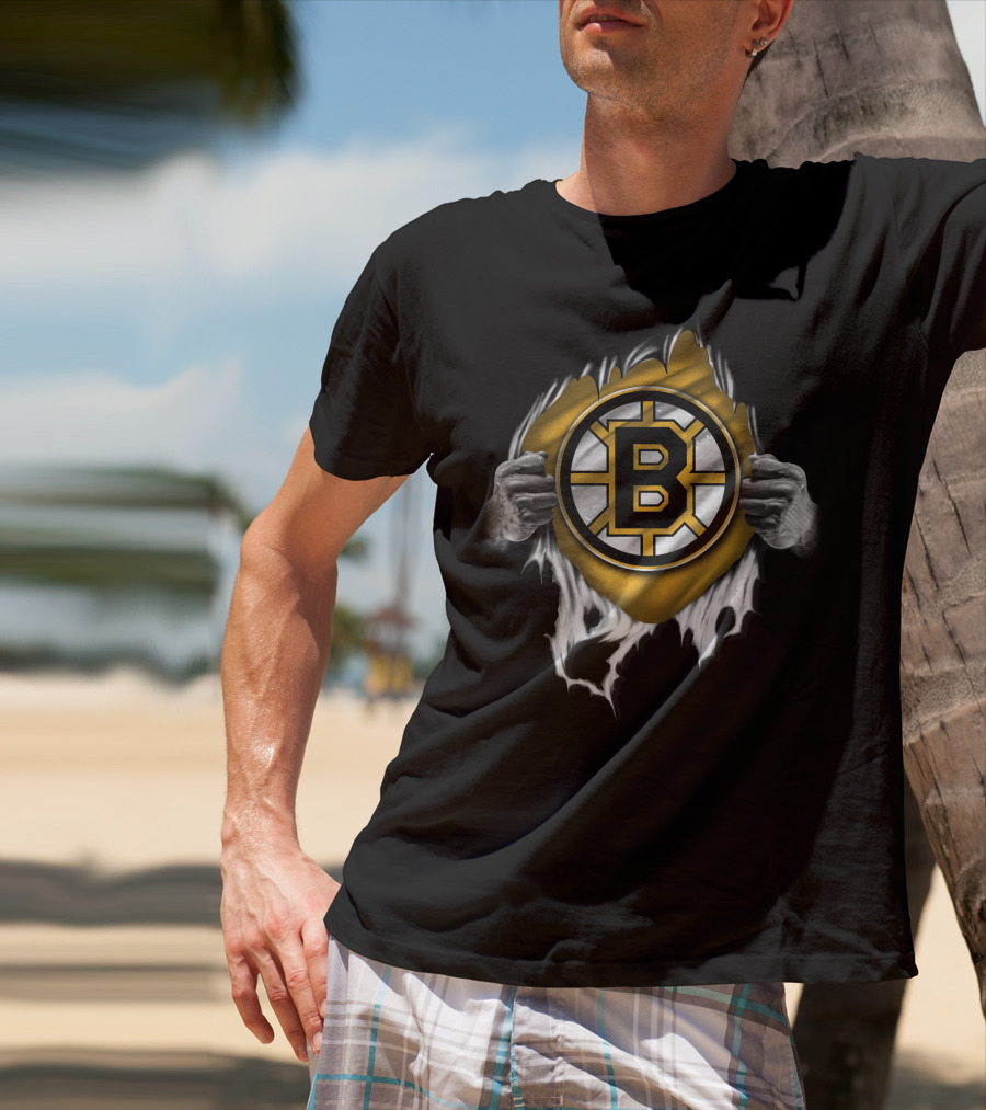 Torn Boston Bruins Hockey Emblem Revealed By Ripping Hands T-Shirt