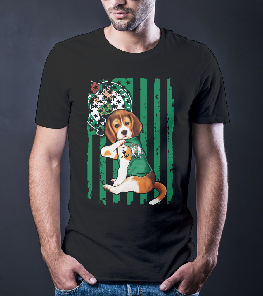 Beagle I Love Mom Boston Celtics Green Stripes T-Shirt