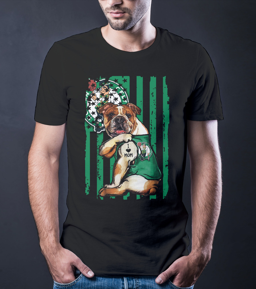 Bulldog Boston Celtics I Love Mom Green Stripes Basketball T-Shirt
