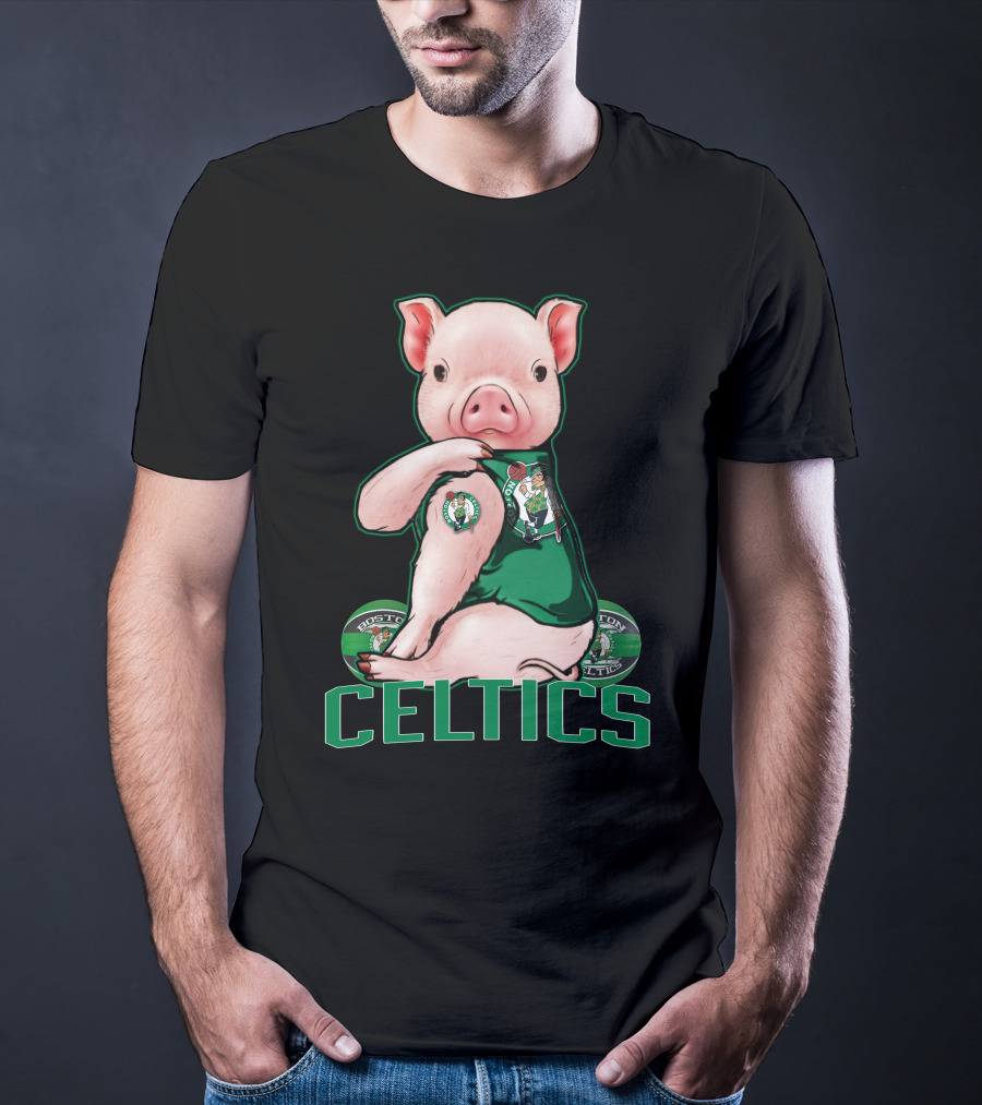 Pig Wearing Boston Celtics Logo Jersey With Celtics Text T-Shirt