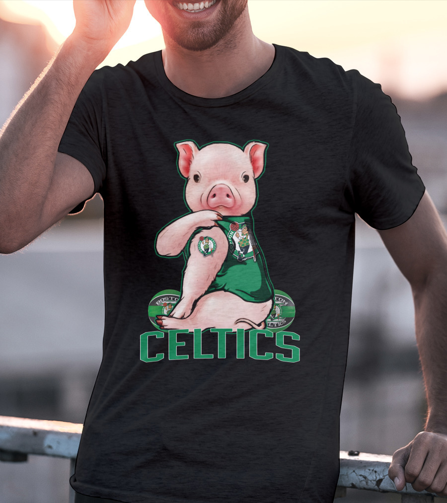 Pig Wearing Boston Celtics Logo Jersey With Celtics Text T-Shirt