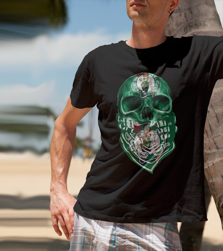 Boston Celtics Skull With Iconic Logos And Green Bandana T-Shirt