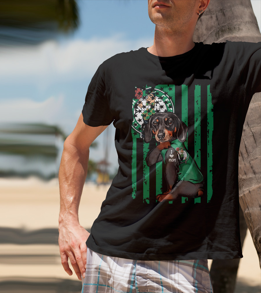 Dachshund Wearing I Love Mom Shirt With Boston Celtics Logo And Mascot T-Shirt