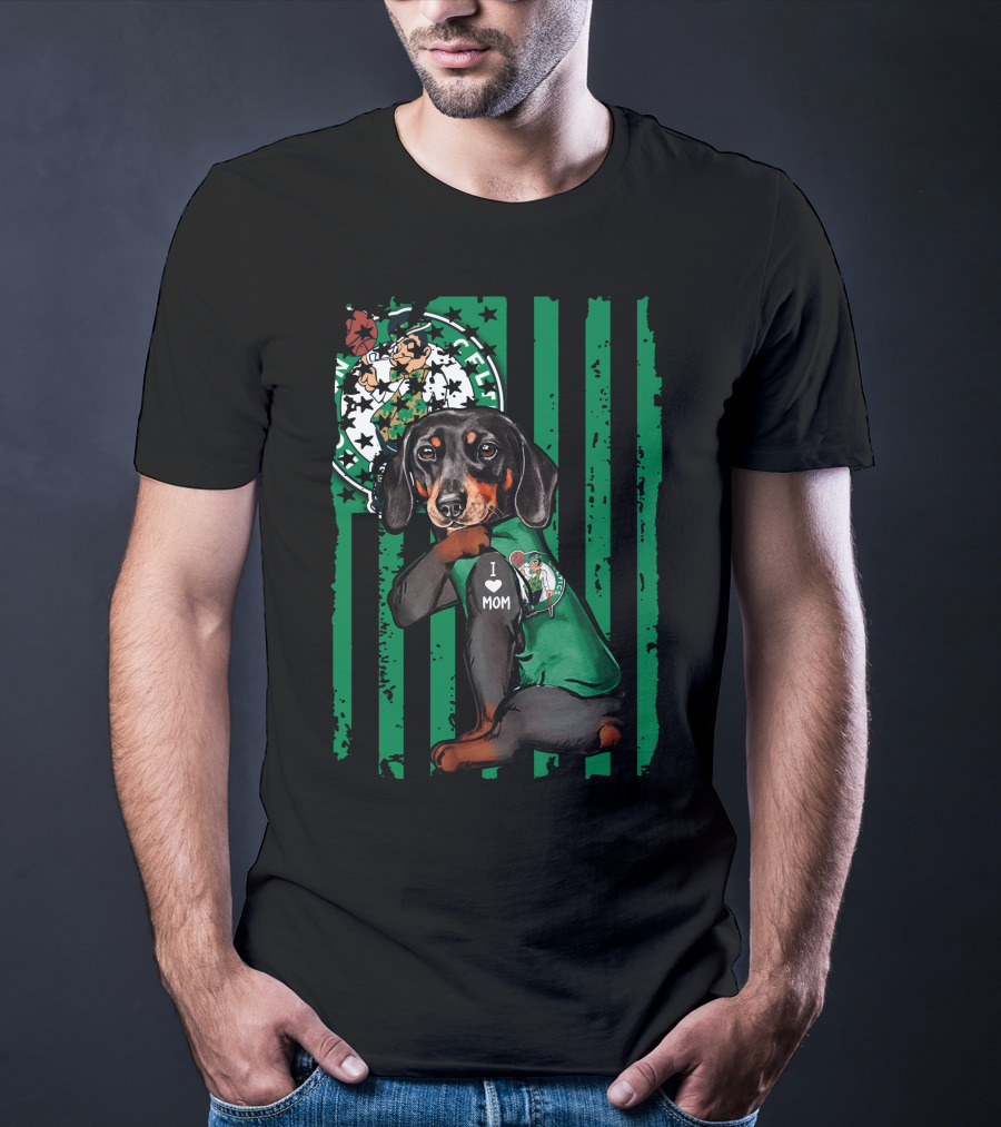 Dachshund Wearing I Love Mom Shirt With Boston Celtics Logo And Mascot T-Shirt