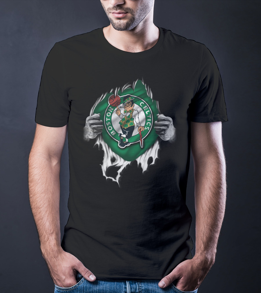 Torn Boston Celtics Ripped Logo Hands Peeling Away Revealing Team Emblem T-Shirt