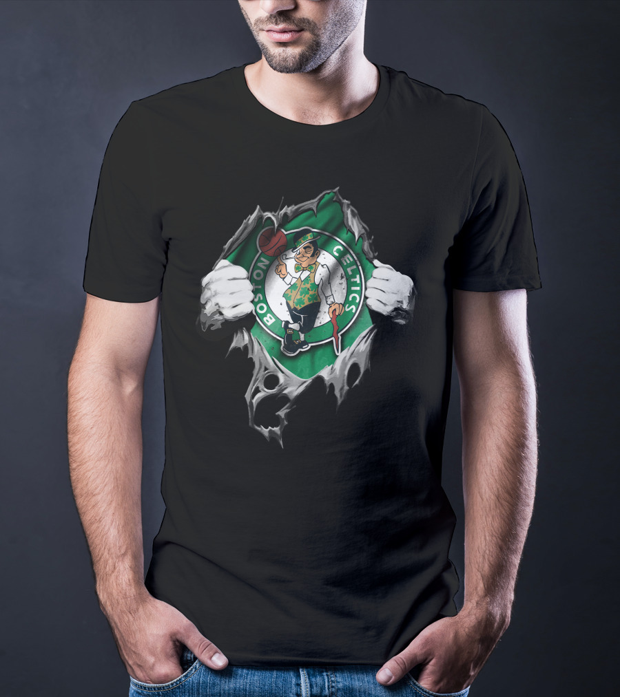 Boston Celtics Logo Torn Through Green And Black T-Shirt
