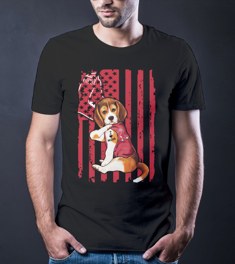 Beagle Puppy With Boston Red Sox Jersey And I Love Mom Tattoo On American Flag Background T-Shirt