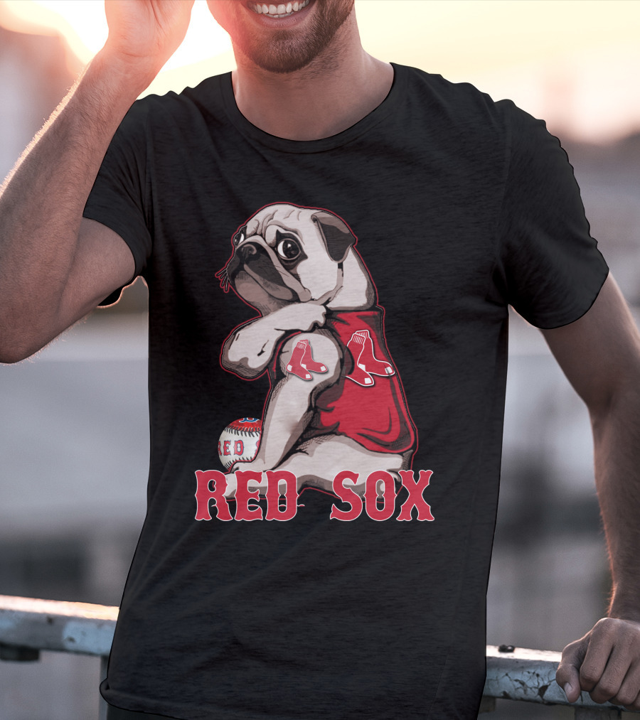 Pug With Boston Red Sox Jersey And Baseball T-Shirt