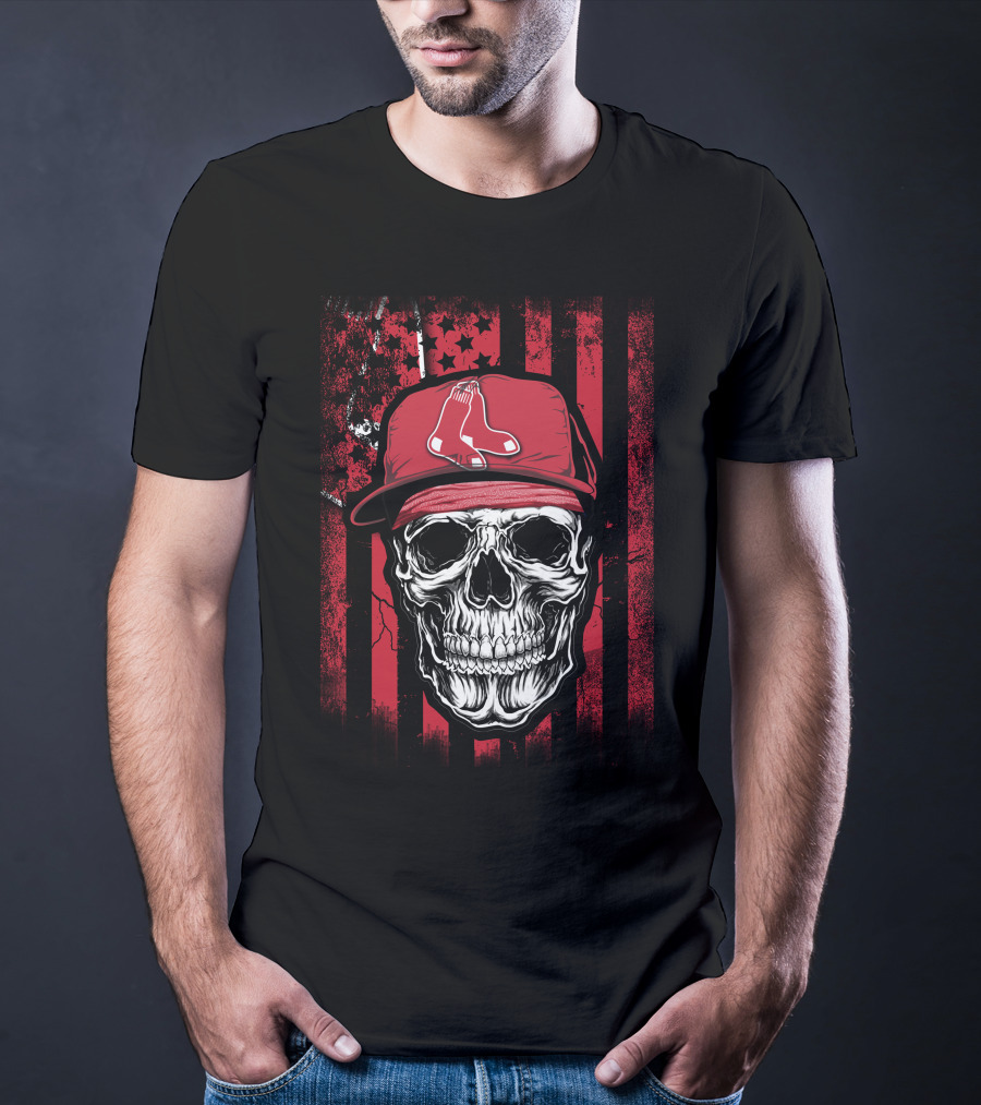 Boston Red Sox Skull Logo Cap On Red And Black T-Shirt