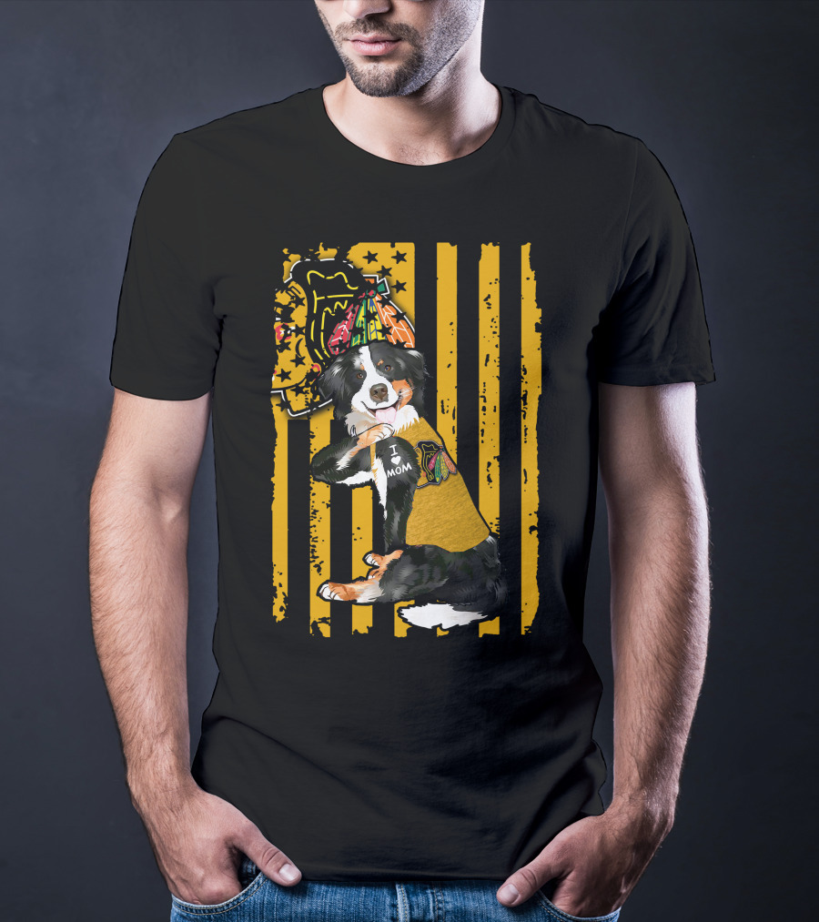 Border Collie I Love Mom Chicago Blackhawks Striped Party Hat T-Shirt