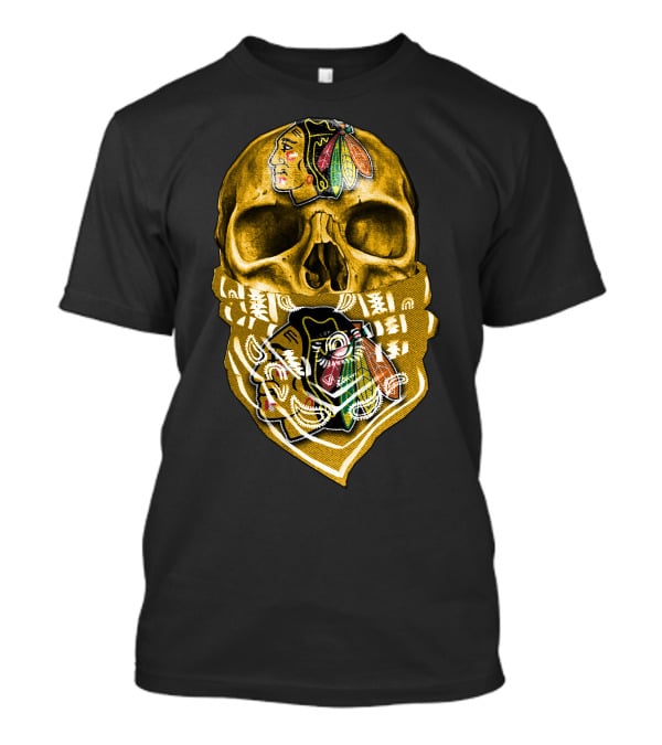 Skull With Chicago Blackhawks Logo Bandana T-Shirt