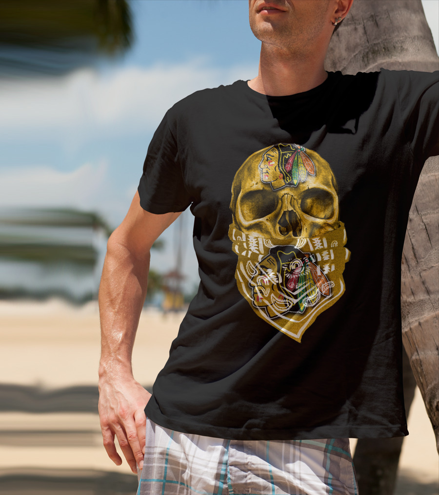 Skull With Chicago Blackhawks Logo Bandana T-Shirt