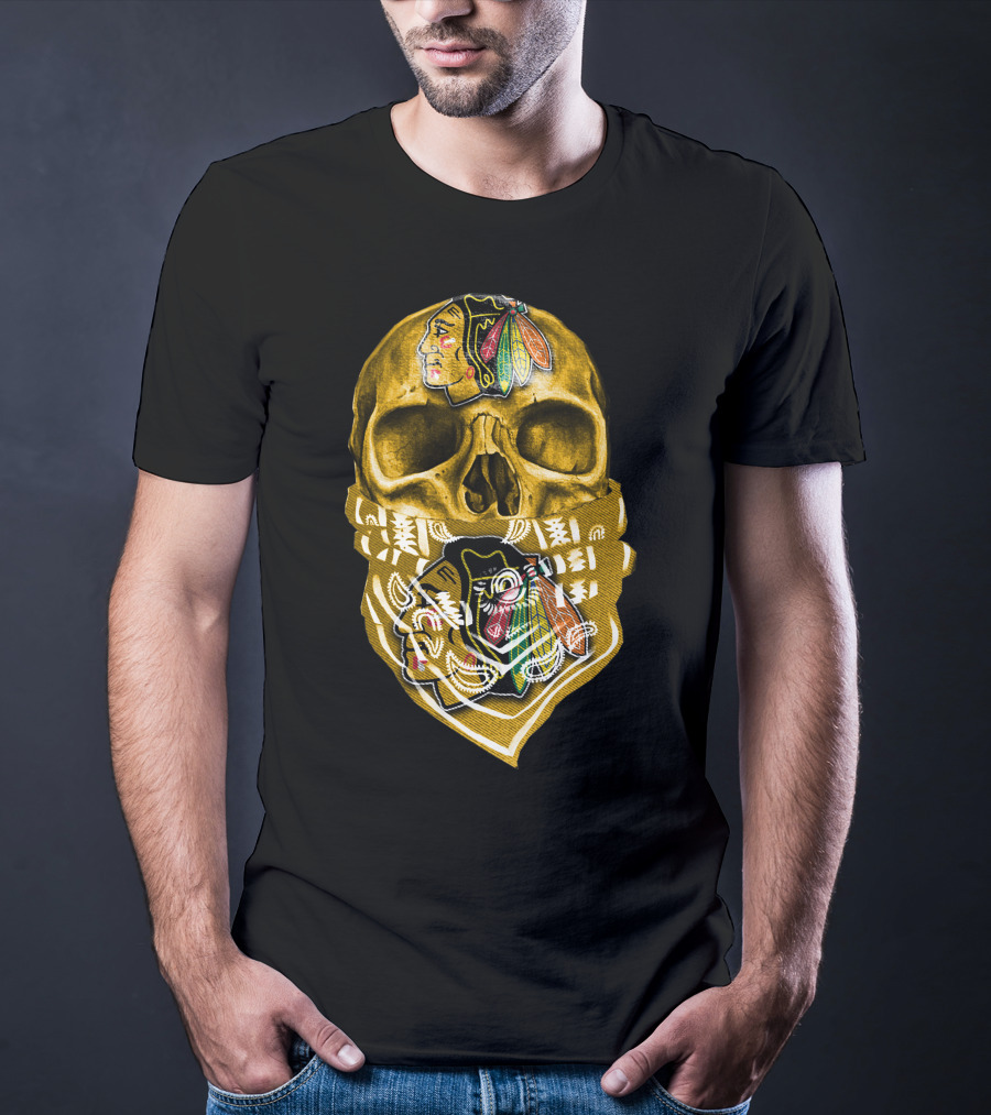 Skull With Chicago Blackhawks Logo Bandana T-Shirt