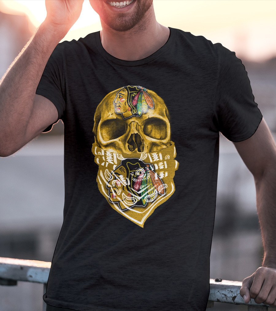 Skull With Chicago Blackhawks Logo Bandana T-Shirt