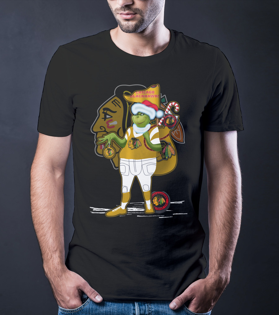 Chicago Blackhawks Grinchxmas Santa Hat Candy Cane Holiday T-Shirt
