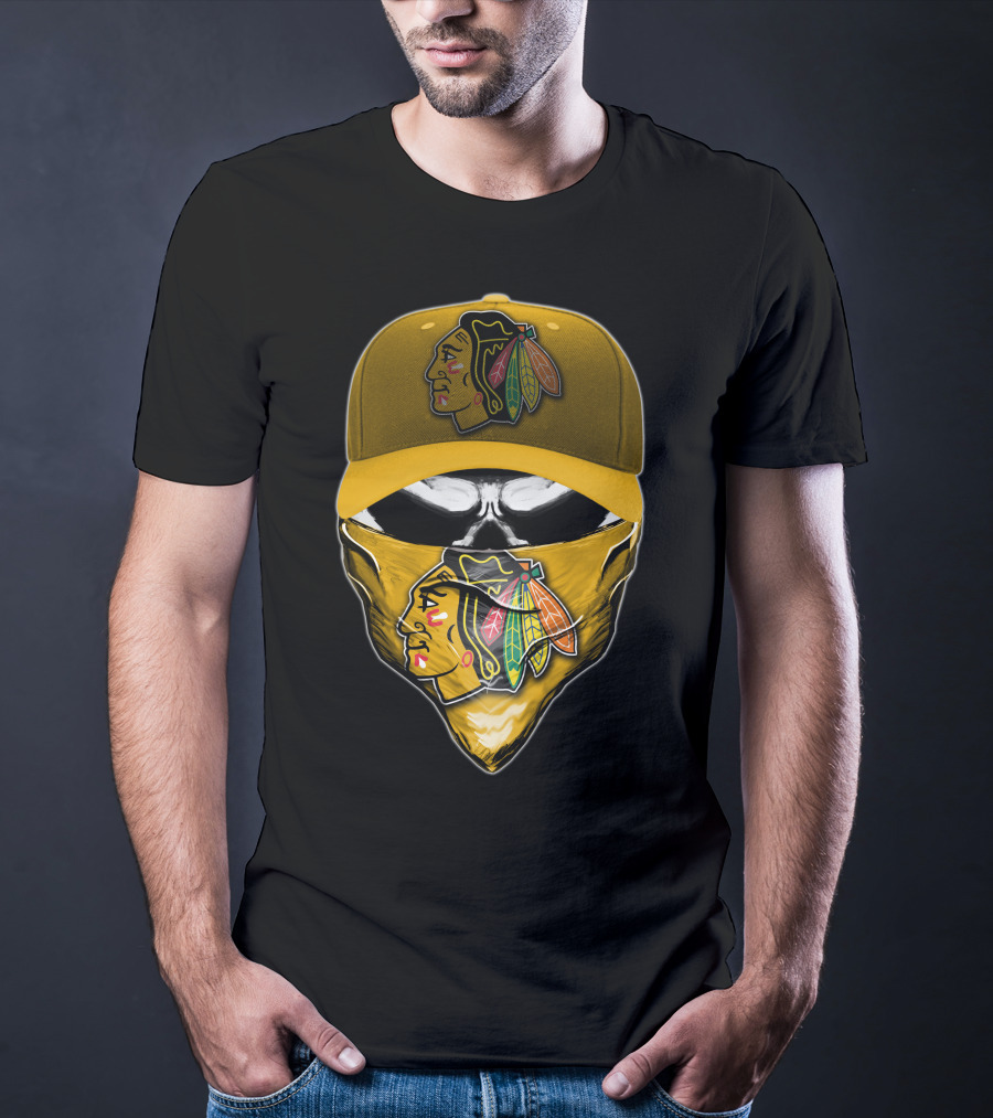 Skull Chicago Blackhawks Logo Hat And Bandana T-Shirt