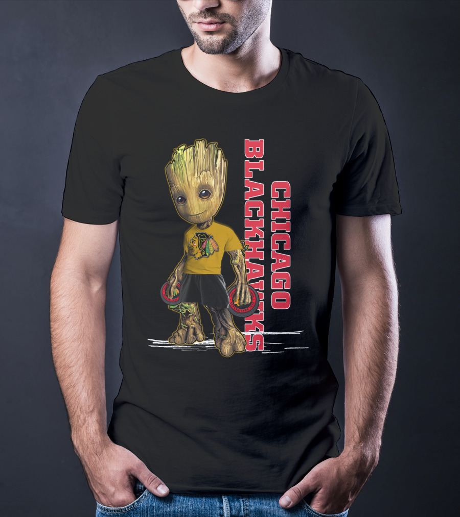 Groot Chicago Blackhawks Holding Hockey Pucks T-Shirt