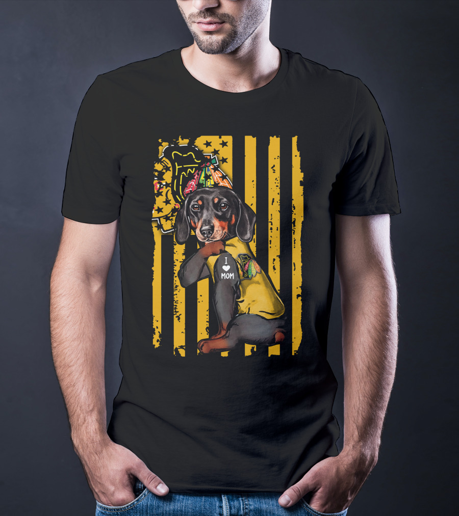Dachshund In Chicago Blackhawks Outfit With I Love Mom Badge T-Shirt
