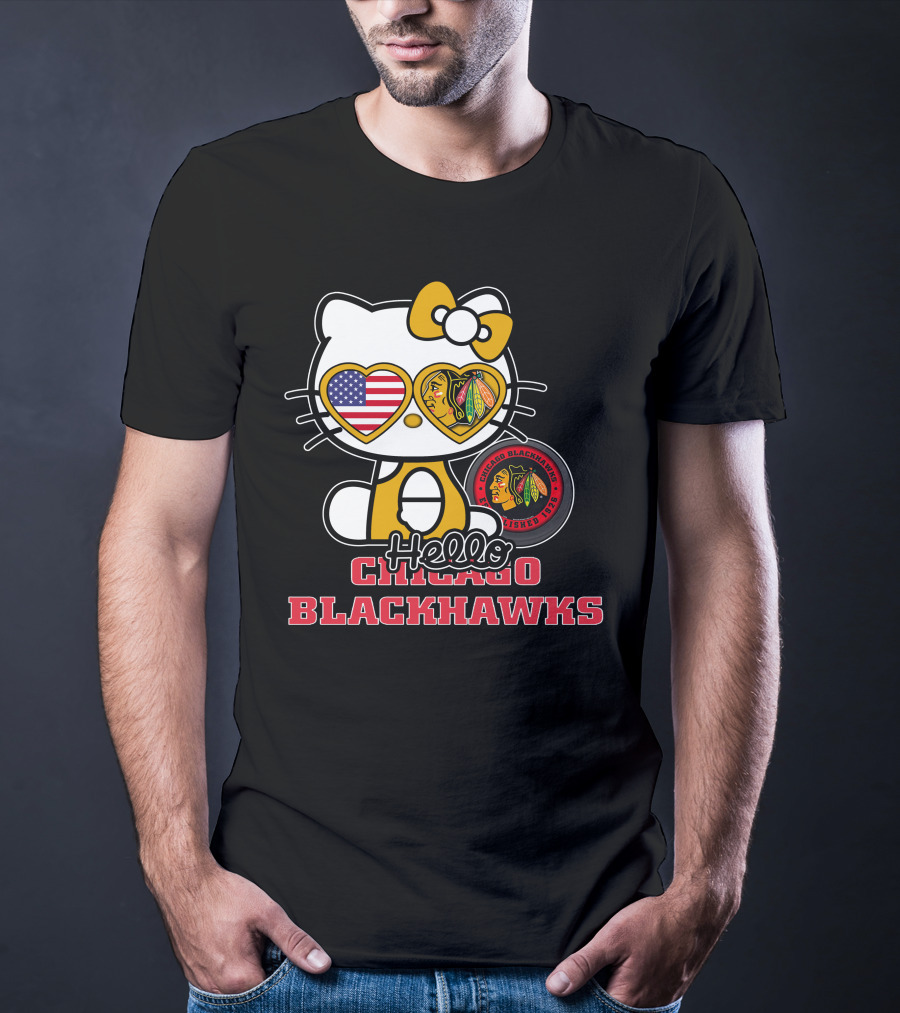 Hello Kitty Chicago Blackhawks American Flag Hockey Fan T-Shirt