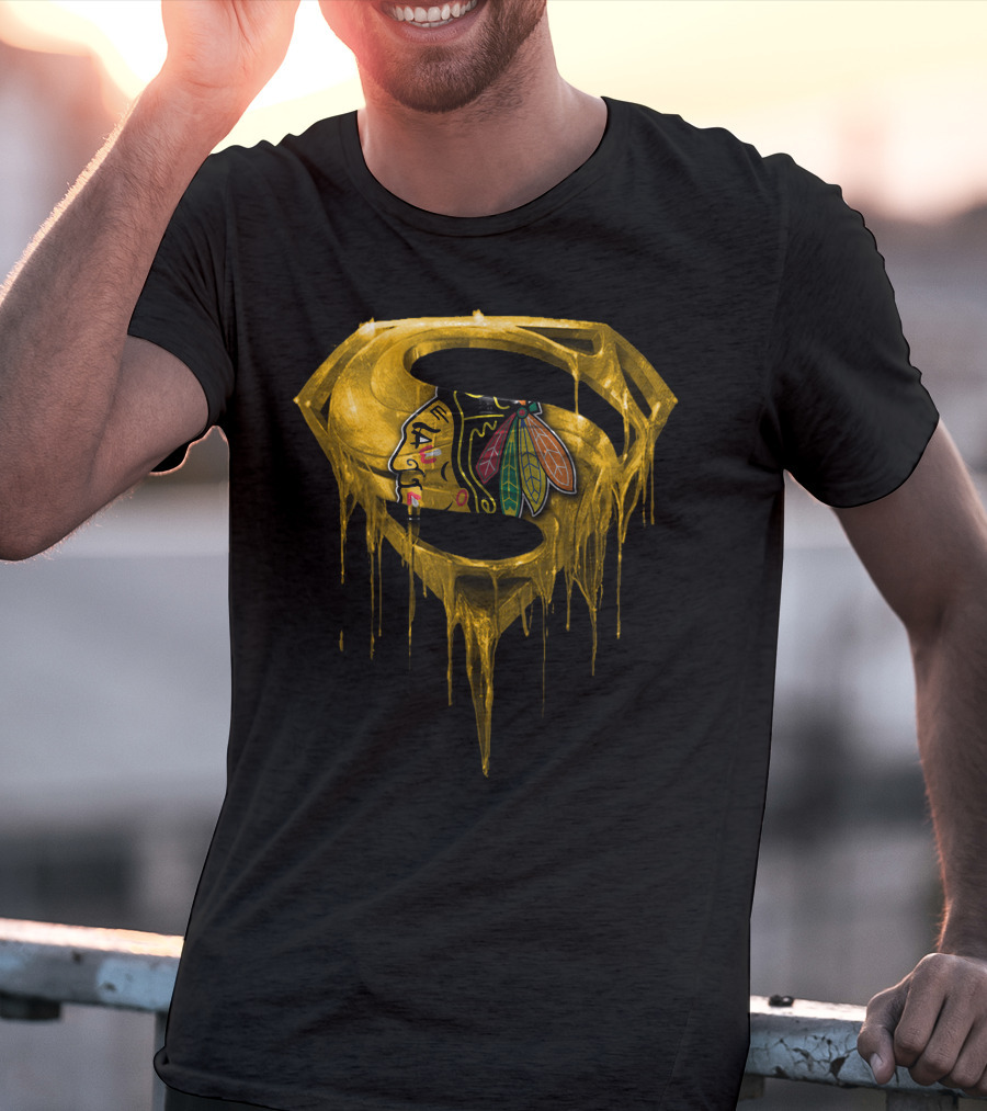 Superman Symbol With Chicago Blackhawks Logo Dripping Gold T-Shirt