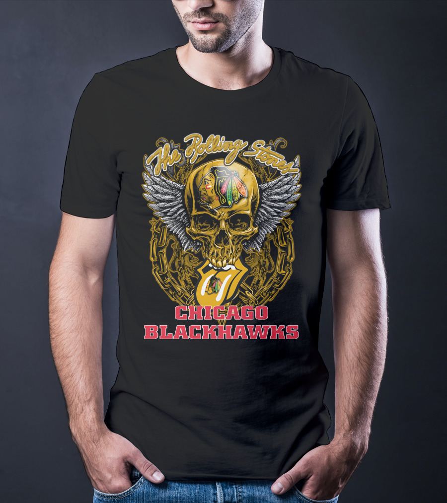The Rolling Stones Tongue And Wings Skull With Chicago Blackhawks T-Shirt