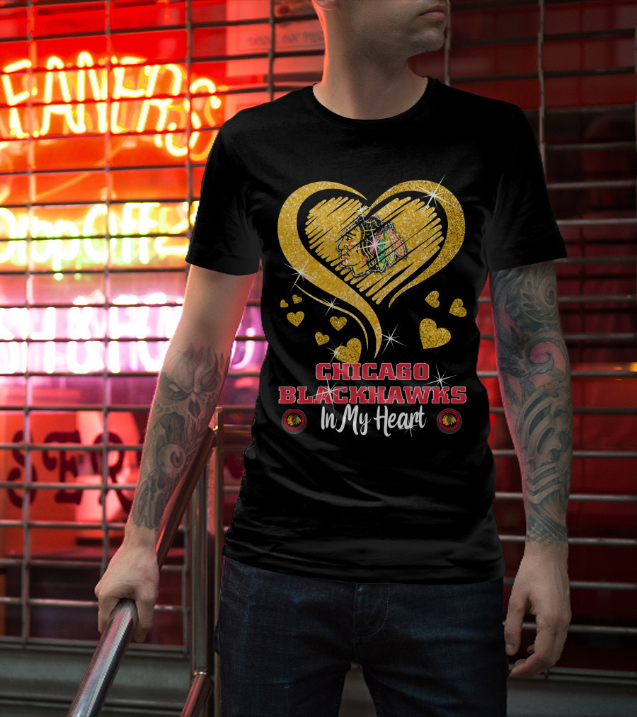 Chicago Blackhawks In My Heart Golden Glitter Logo Hearts T-Shirt