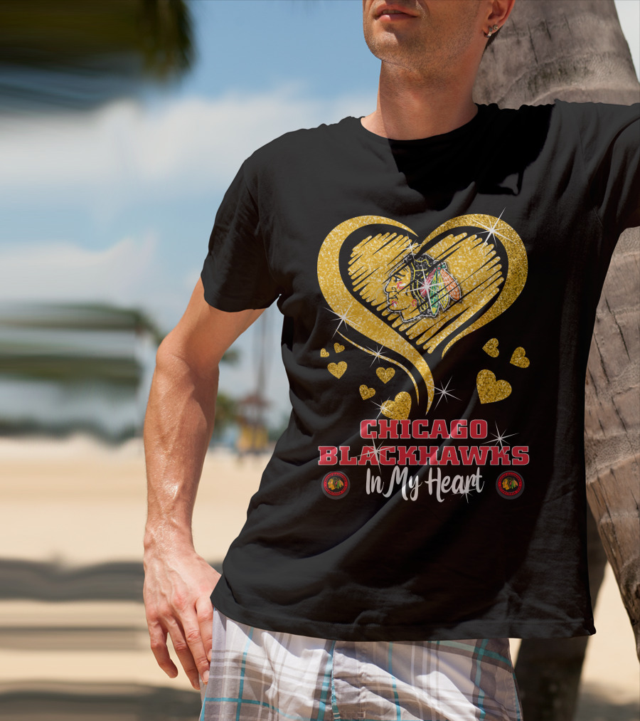 Chicago Blackhawks In My Heart Golden Glitter Logo Hearts T-Shirt