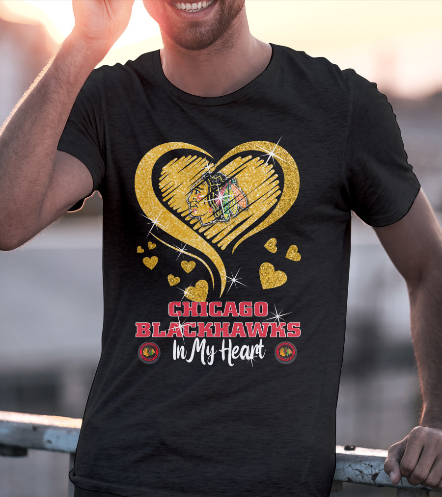Chicago Blackhawks In My Heart Golden Glitter Logo Hearts T-Shirt