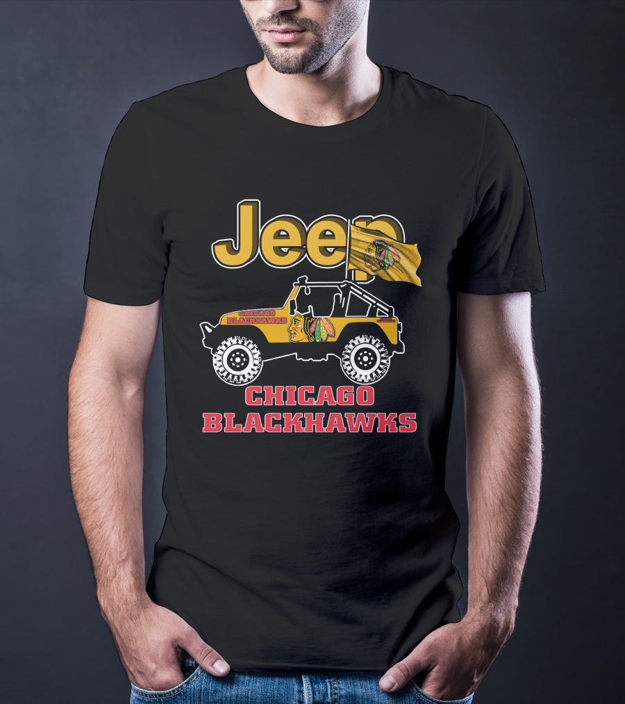 Jeep Chicago Blackhawks Off-Road Vehicle With Team Logo And Flag T-Shirt