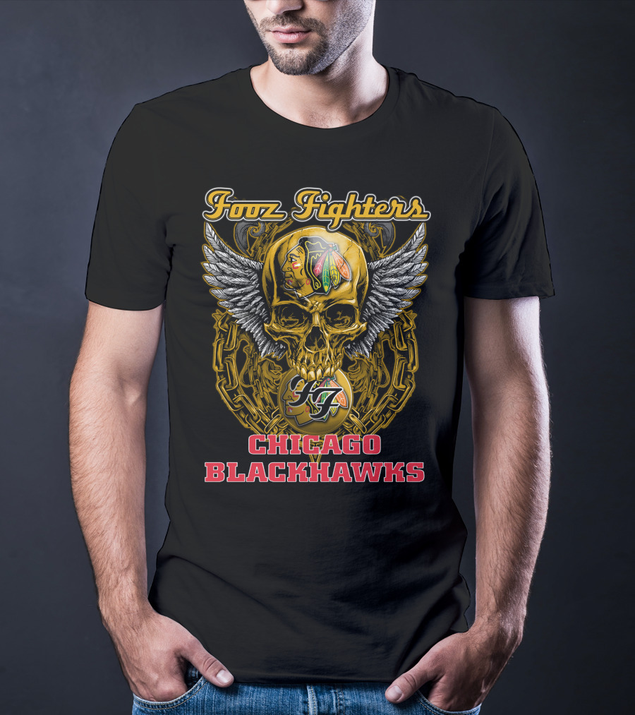 Foo Fighters Chicago Blackhawks Skull Winged T-Shirt
