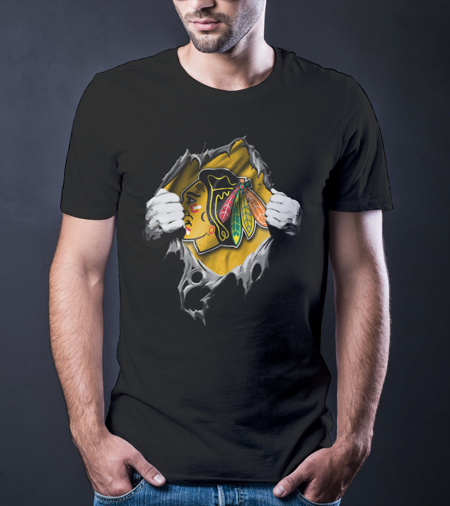 Torn Chicago Blackhawks Logo Peeking Through Ripped Fabric T-Shirt