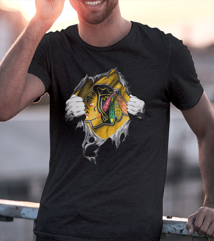 Torn Chicago Blackhawks Logo Peeking Through Ripped Fabric T-Shirt