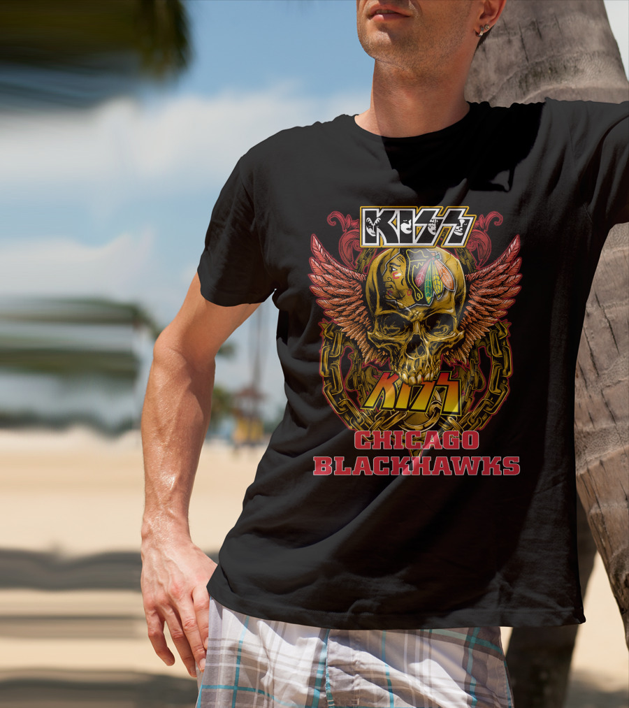 Kiss Chicago Blackhawks Skull With Wings And Chains T-Shirt