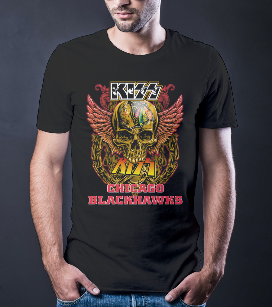 Kiss Chicago Blackhawks Skull With Wings And Chains T-Shirt