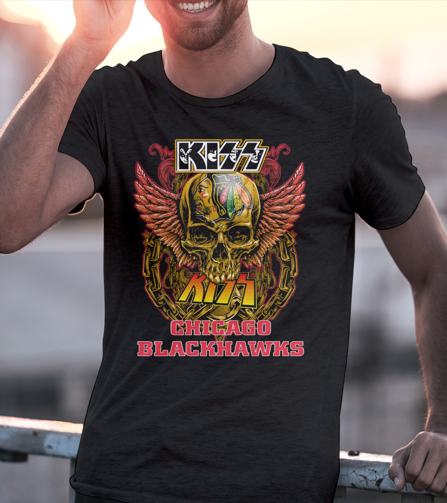 Kiss Chicago Blackhawks Skull With Wings And Chains T-Shirt