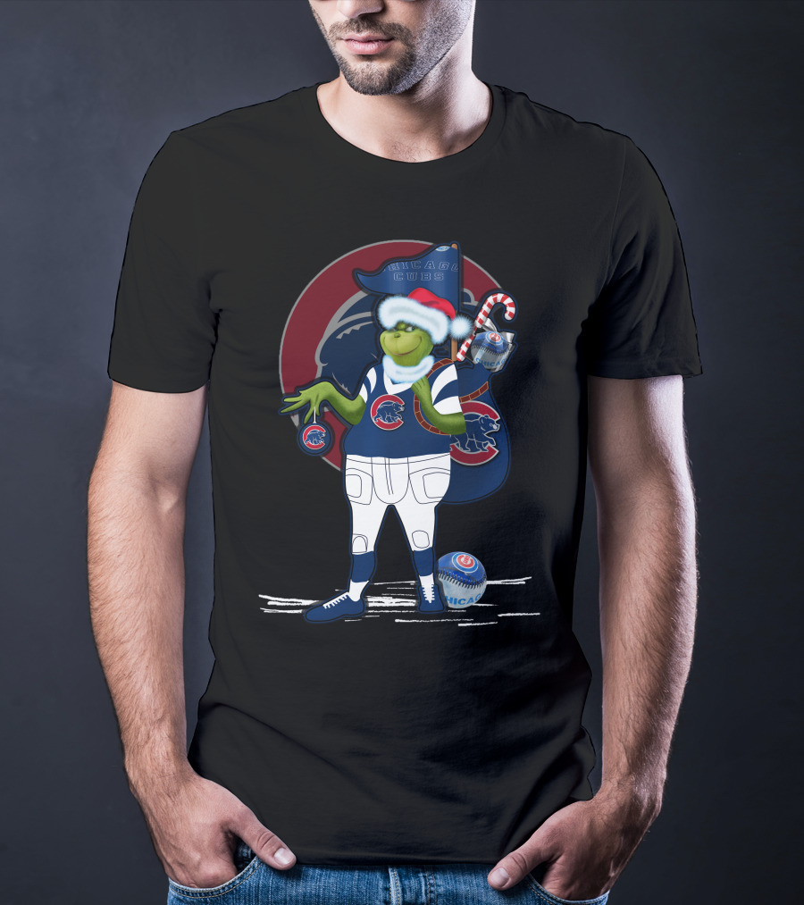 Grinchxmas Chicago Cubs Christmas Spirit With Santa Hat And Candy Cane T-Shirt