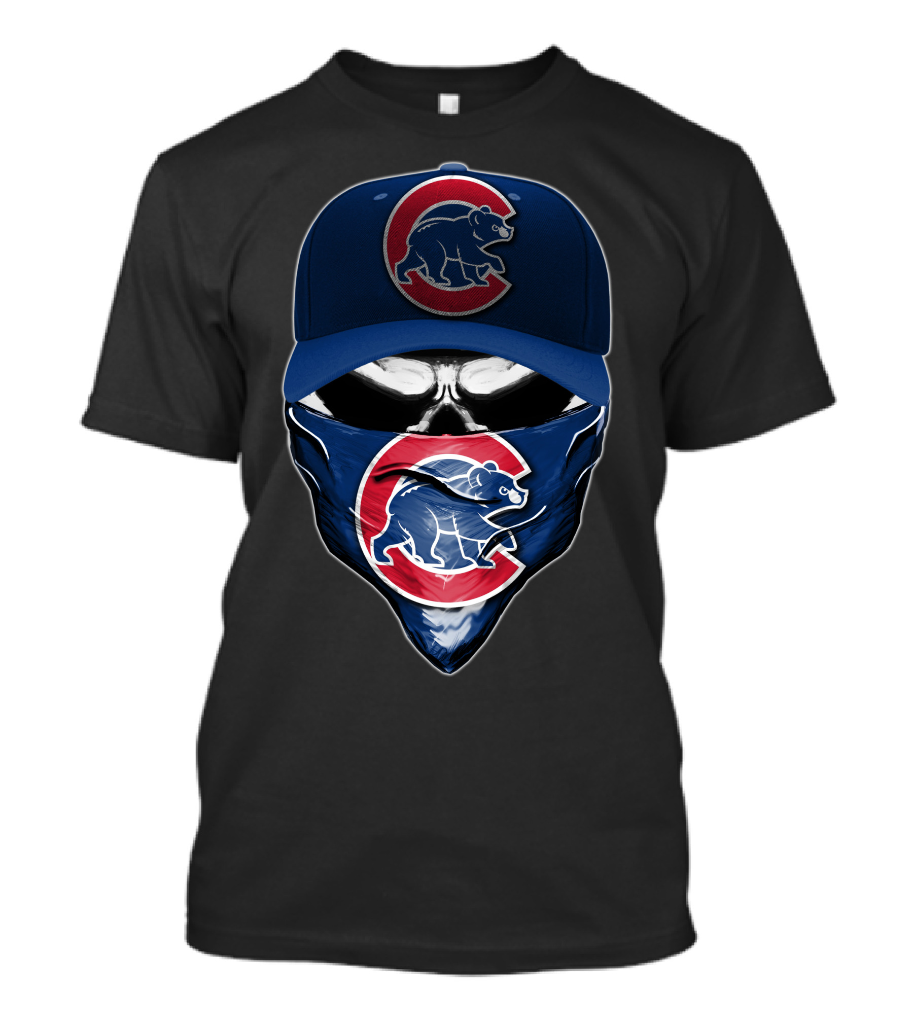 Skull Wearing Chicago Cubs Hat And Bandana T-Shirt