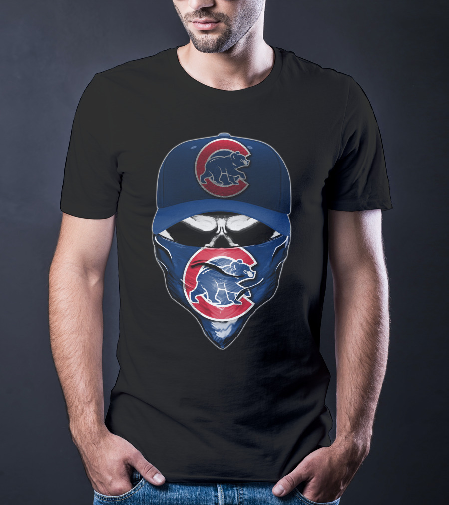 Skull Wearing Chicago Cubs Hat And Bandana T-Shirt