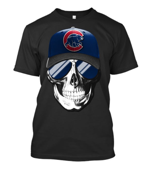 Skull Wearing Chicago Cubs Hat With Reflective Sunglasses T-Shirt