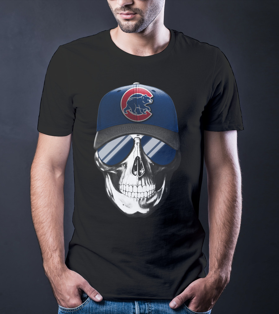 Skull Wearing Chicago Cubs Hat With Reflective Sunglasses T-Shirt