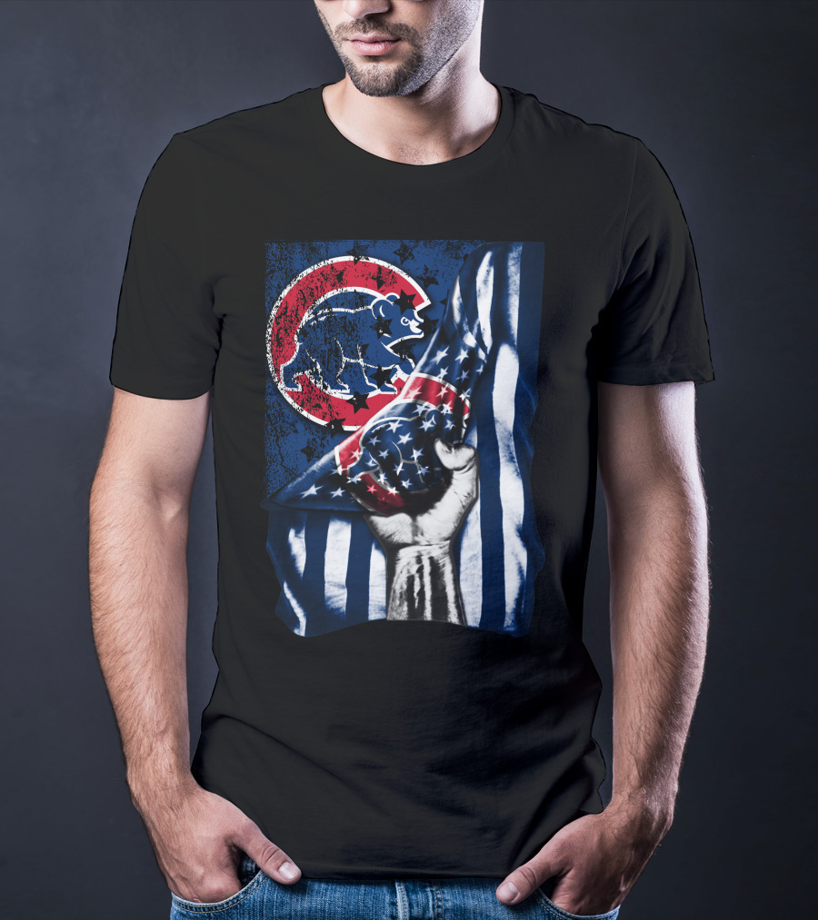 Chicago Cubs American Flag Blue Bear Emblem T-Shirt