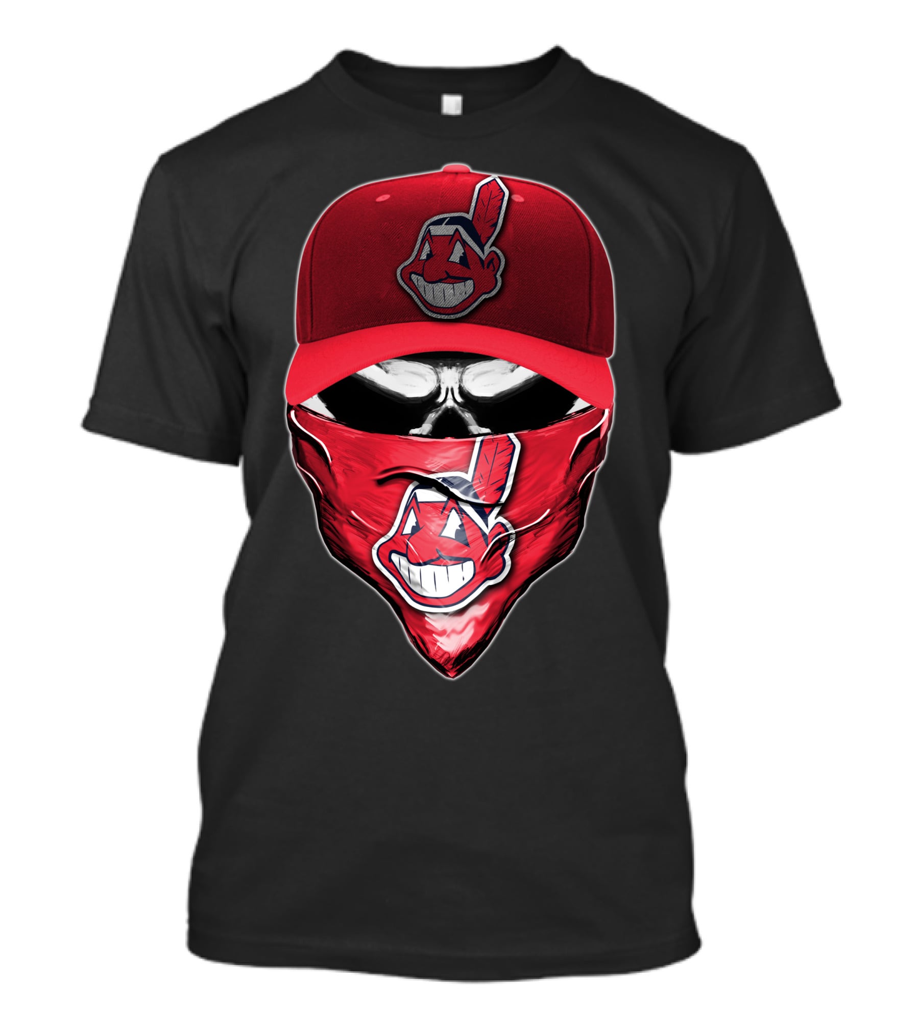 Cleveland Indians Chief Wahoo Skull Mask With Hat And Bandana T-Shirt