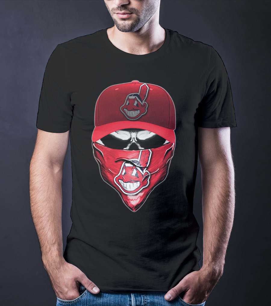 Cleveland Indians Chief Wahoo Skull Mask With Hat And Bandana T-Shirt