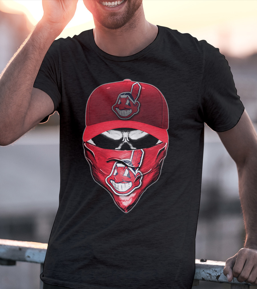 Cleveland Indians Chief Wahoo Skull Mask With Hat And Bandana T-Shirt