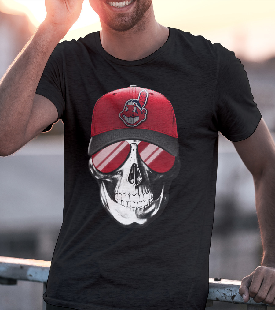 Skull With Cleveland Indians Cap And Sunglasses T-Shirt