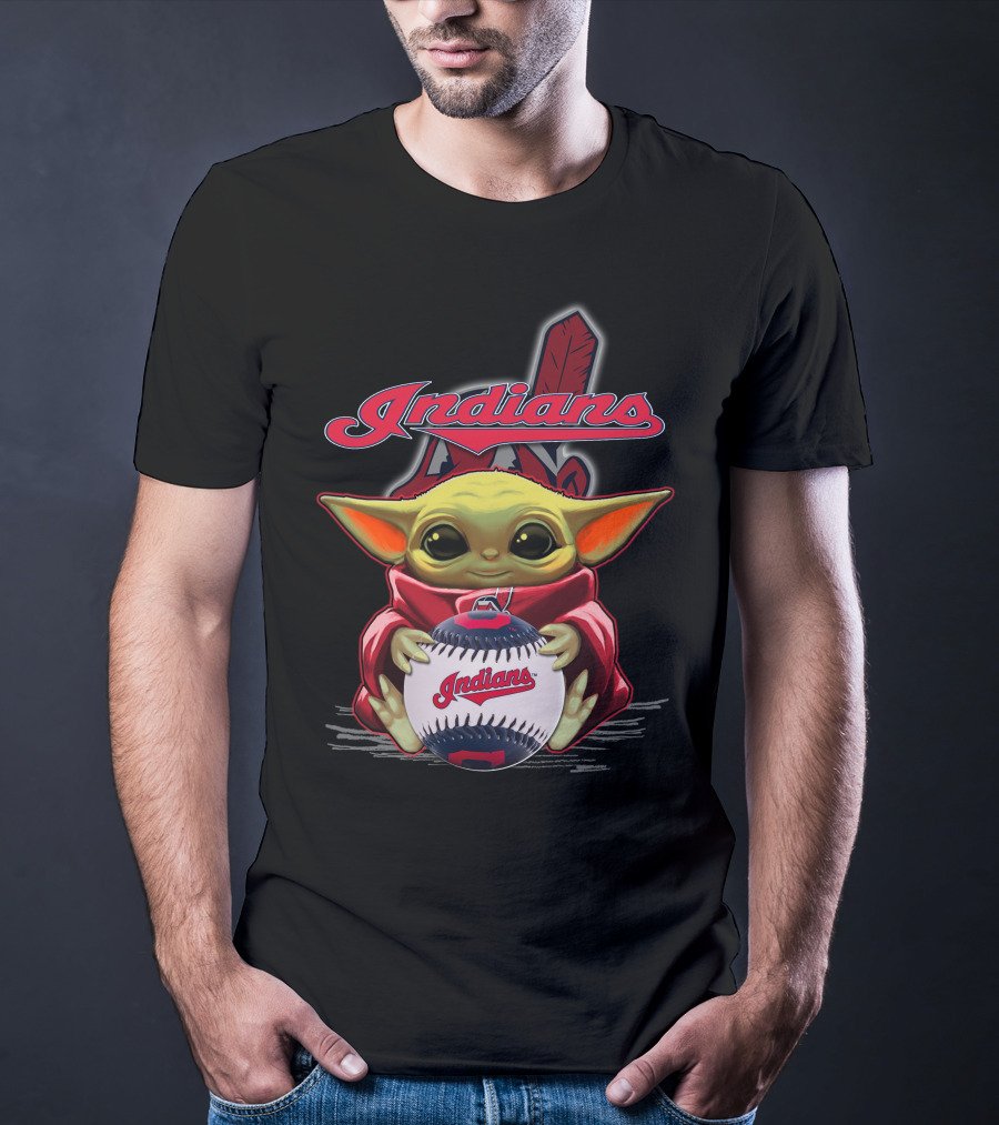 Indians Baby Yoda Holding Baseball With Feather Background T-Shirt