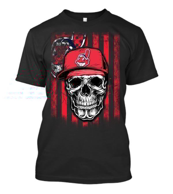 Cleveland Indians Skull With Red Cap And Grunge Stripes T-Shirt
