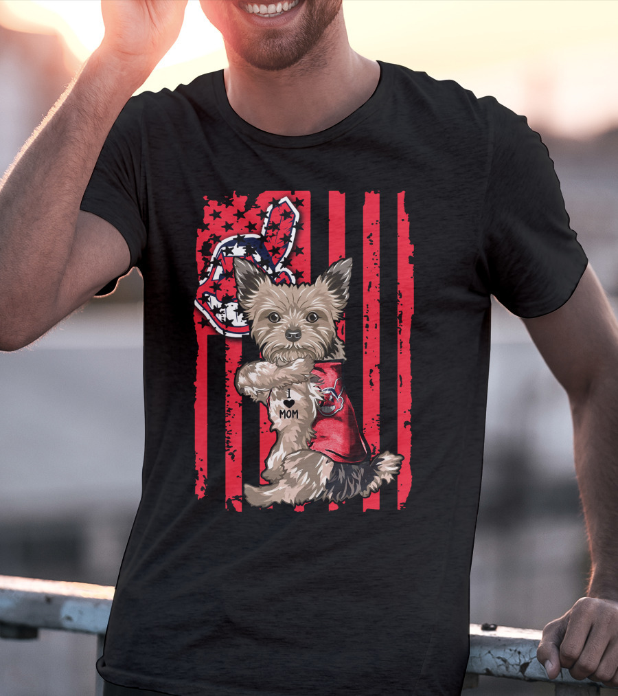 Yorkshire Terrier I Love Mom Cleveland Indians Patriotic Flag T-Shirt